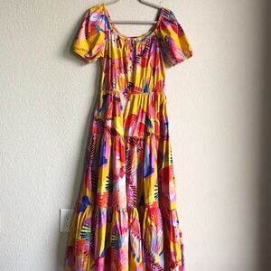 Farm Rio Neon Macaws Maxi Dress Medium Tiered